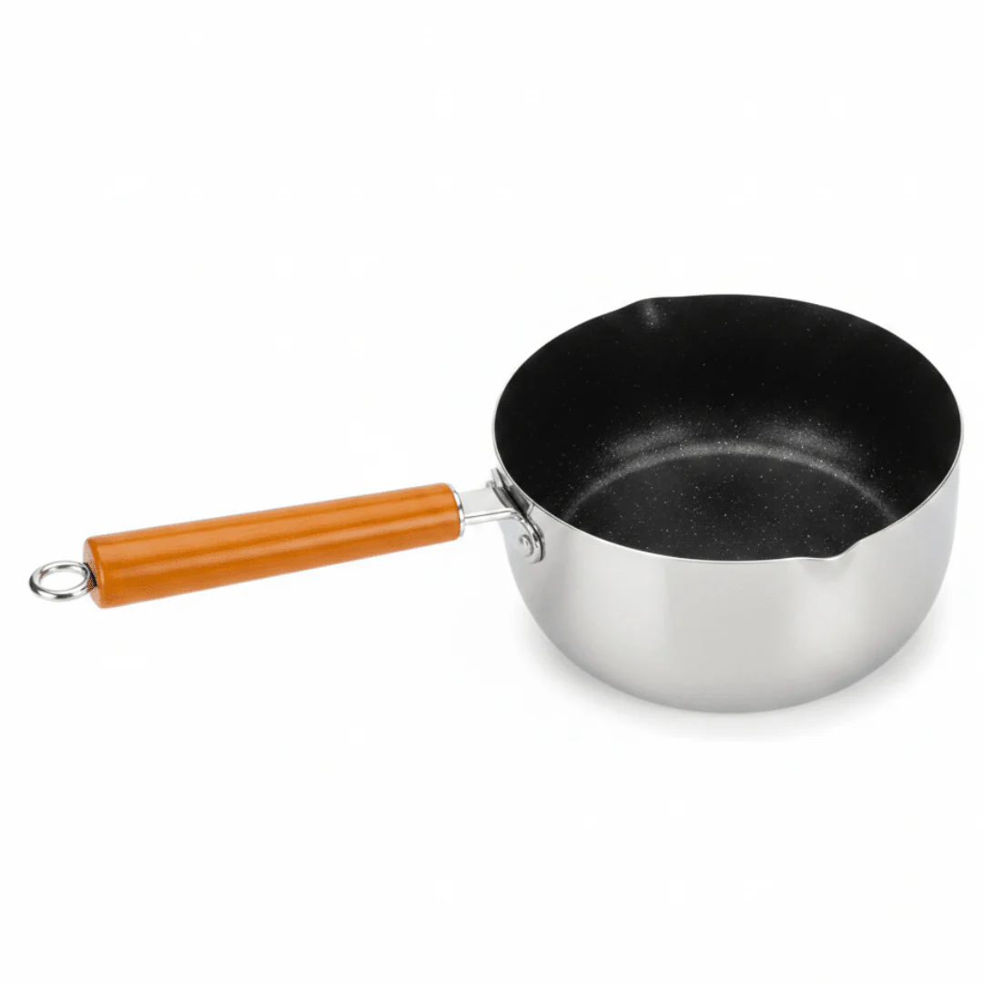 Dual-Tone Stainless Steel Sauce Pan with Wooden Handle – Modern Cooking Pot in Silver & Black Finish (24 cm)