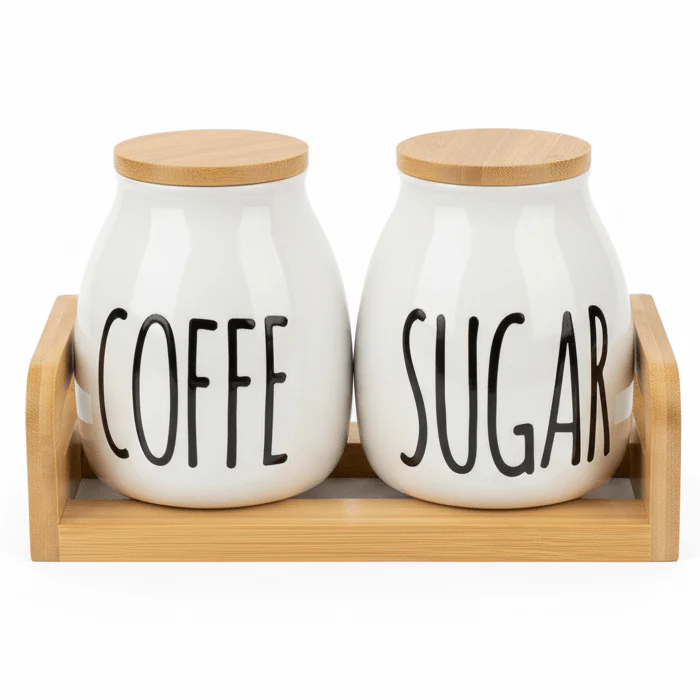 AKDC DuoStore 2-Piece White Ceramic Canister Set with Wooden Base & Lid Compact Kitchen Storage 23×10cm
