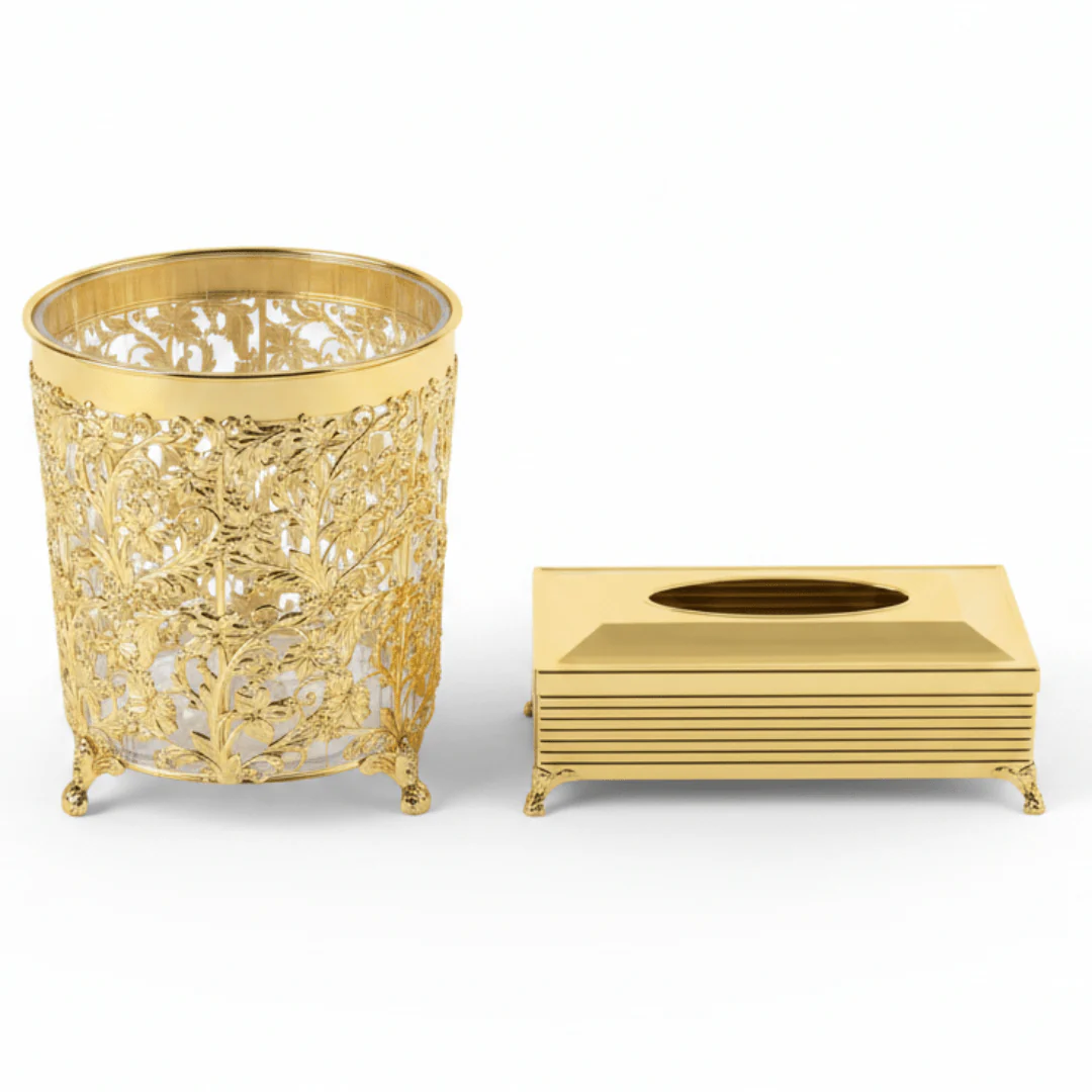 AKDC Premium Acrylic Dustbin with Gold Metal Base and Tissue Box Set for Bathroom, Office and Home Décor – Dustbin 28×22 cm, Tissue Box 26×13 cm