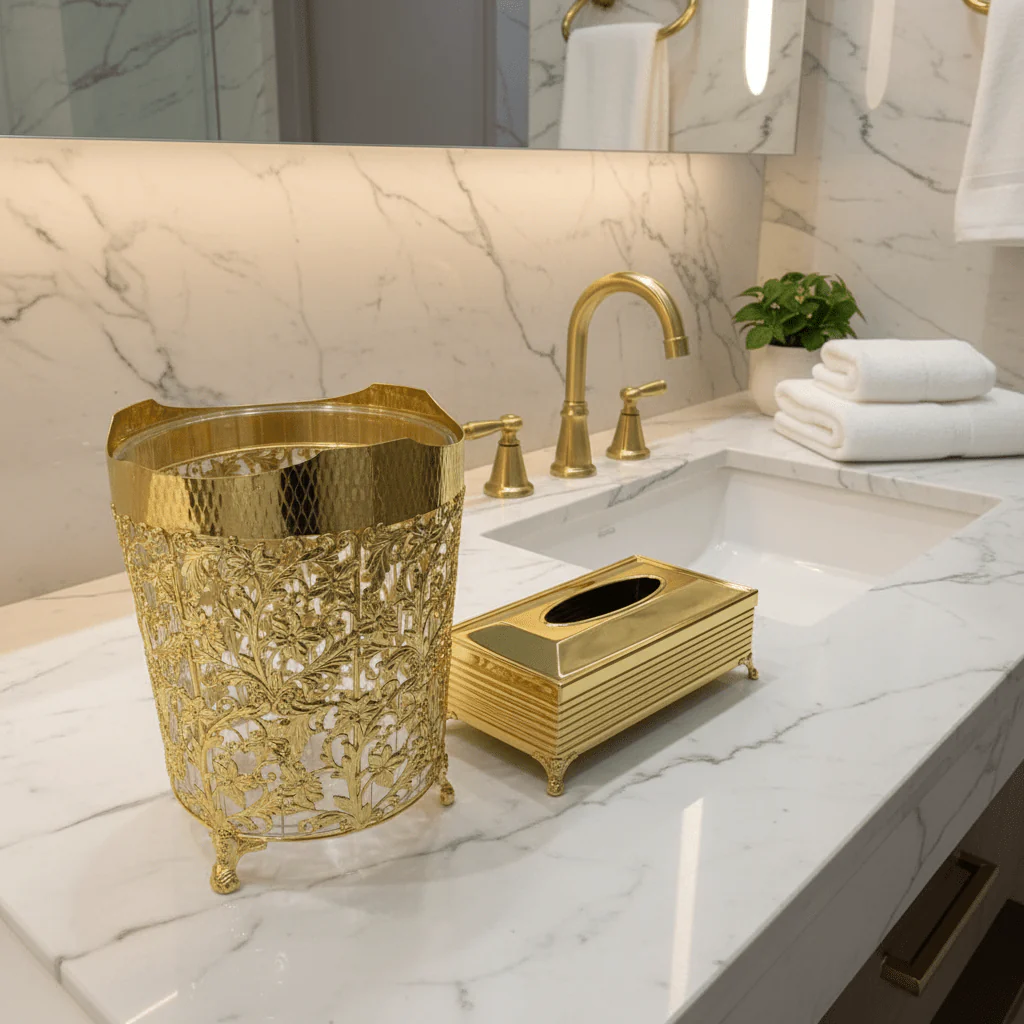 AKDC Premium Acrylic Dustbin with Gold Metal Base and Tissue Box Set for Bathroom, Office and Home Décor – Dustbin 28×22 cm, Tissue Box 26×13 cm - Image 2