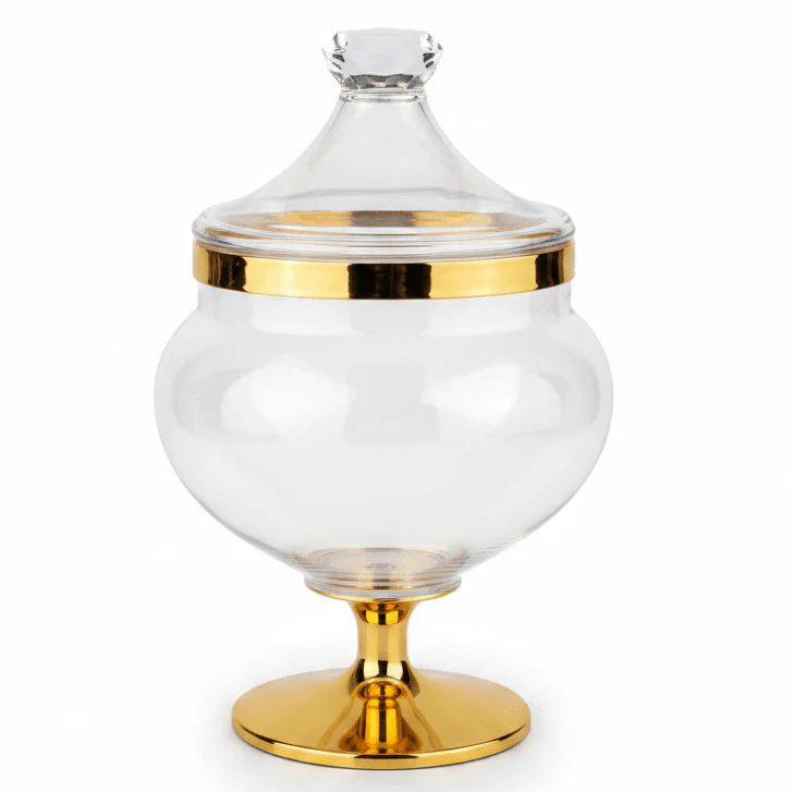 AKDC Elegant Acrylic Footed Candy Jar with Decorative Gold Pattern and Lid Clear Serving Container 16 × 12 cm
