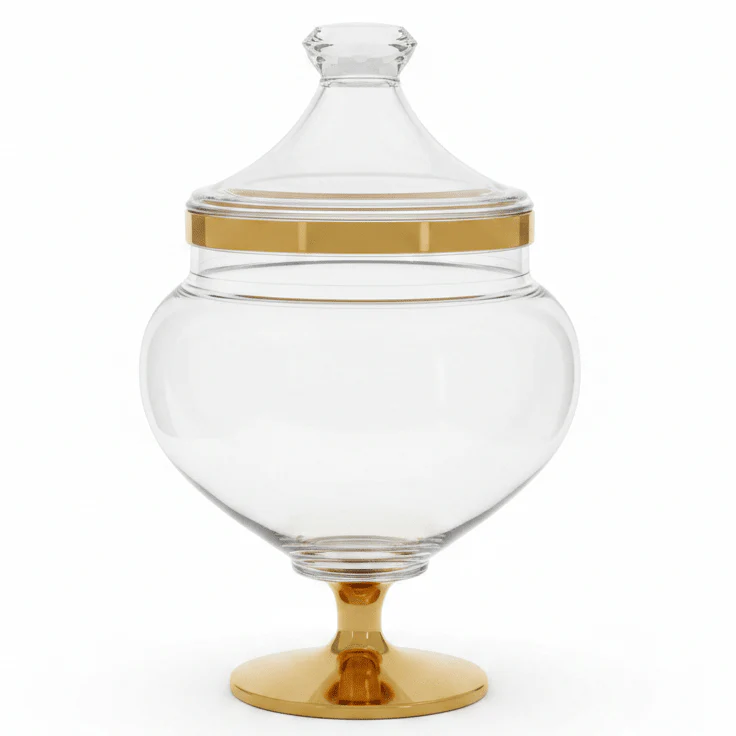 AKDC Elegant Acrylic Footed Candy Jar with Decorative Gold Pattern and Lid Clear Serving Container 18 × 12 cm