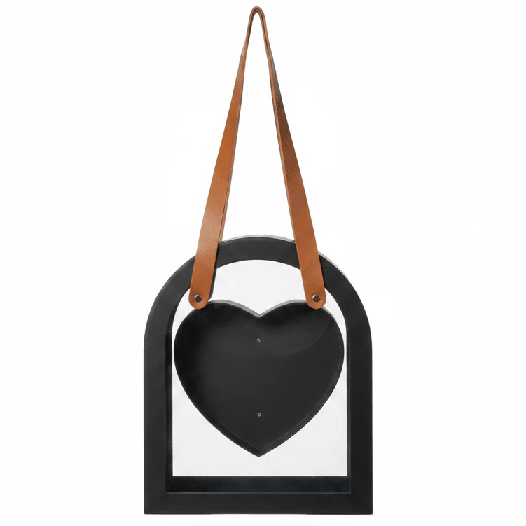 AKDC Elegant Black Arch Frame Heart Design Cardboard Gift Box with Clear Plastic Cover & Faux Leather Handles for Luxury Gift Hampers