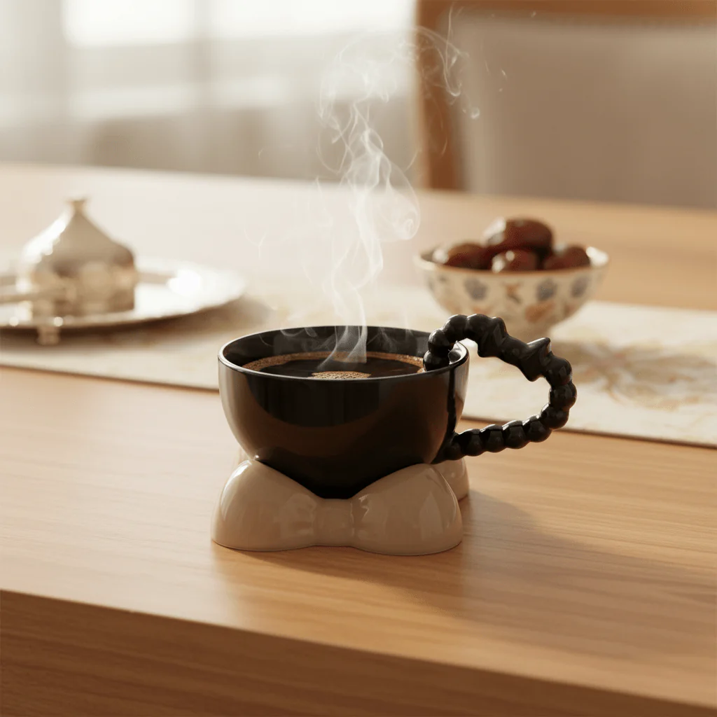 AKDC Elegant Black Ceramic Mug with Beige Saucer & Stylish Handle 250ml - Image 2