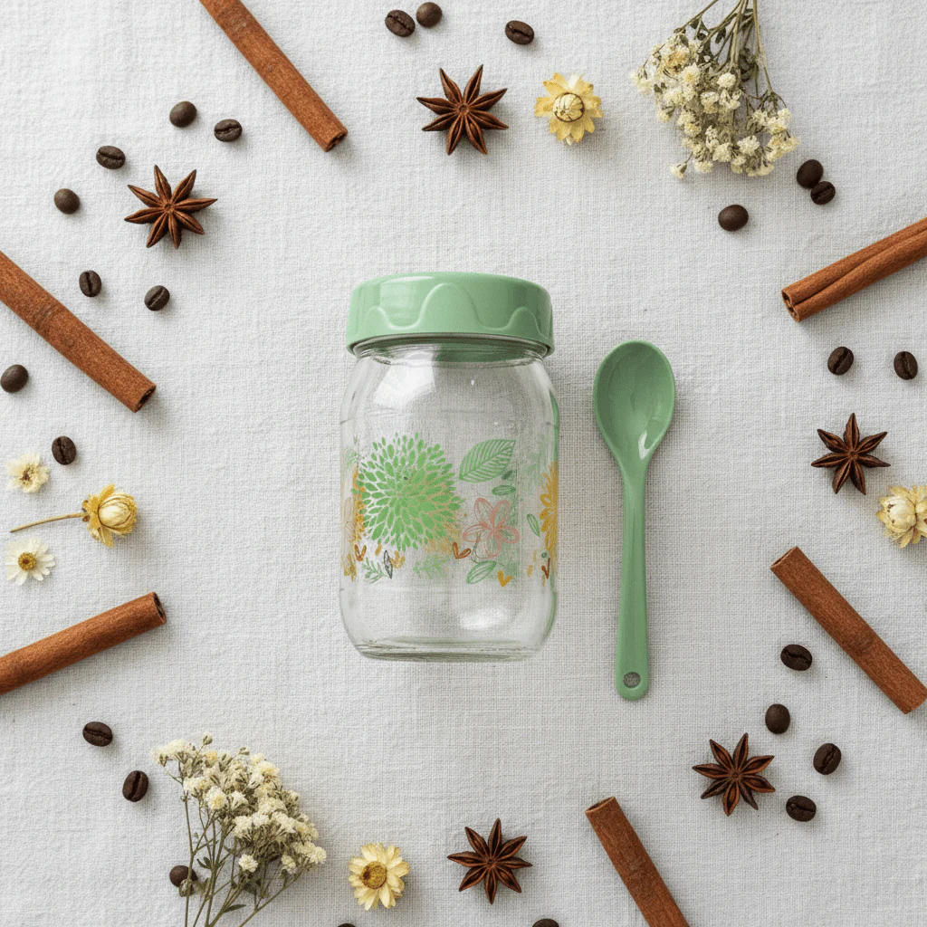 AKDC Elegant Clear Glass Storage Jar with Airtight Green Plastic Spoon & Lid for Kitchen Storage – 370 ml Capacity - Image 2