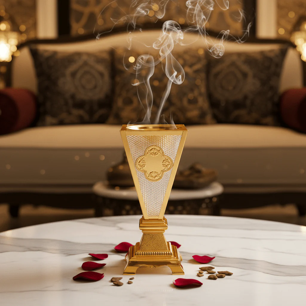 AKDC Elegant Gold Metal and Glass Incense Burner Deluxe Decorative Burner 36cm - Image 2