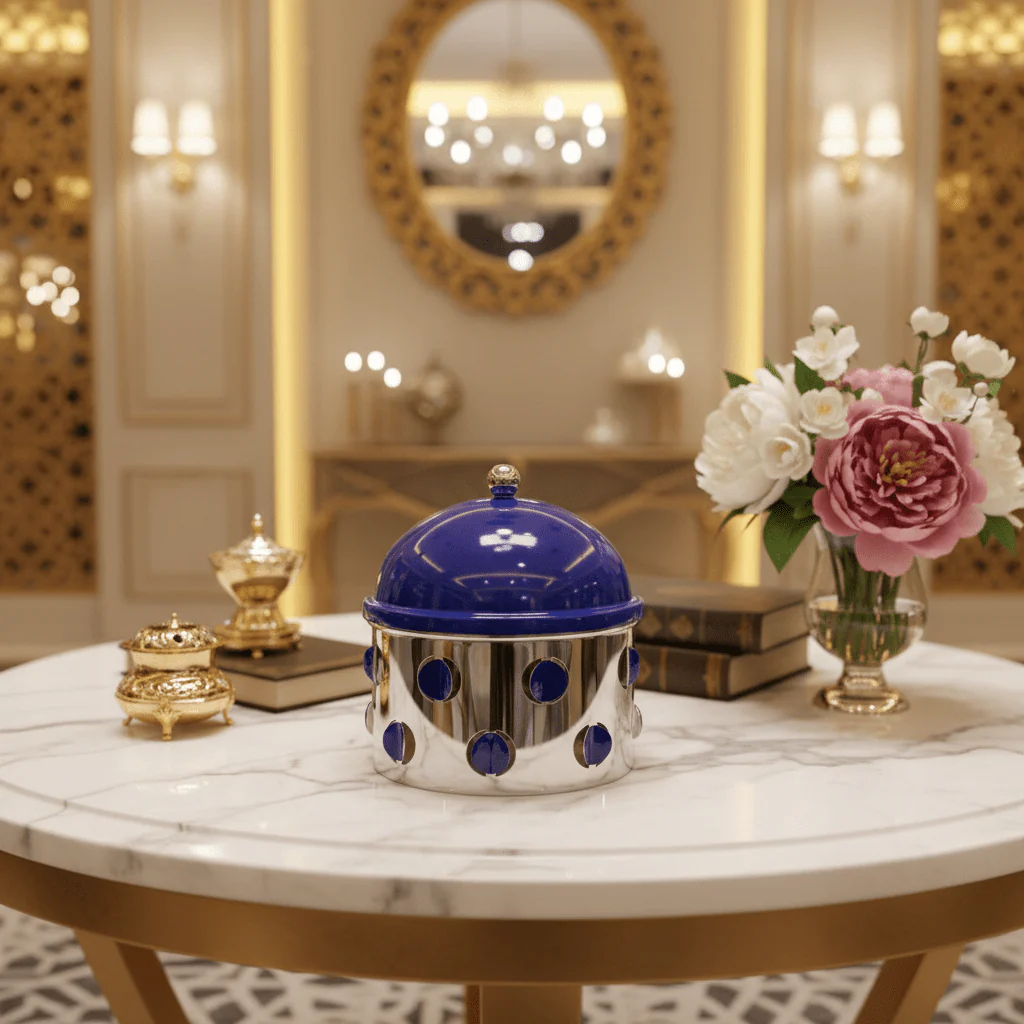 AKDC Elegant Silver & Blue Round Dates Bowl 20×15 cm Premium Serving Bowl for Dry Fruits - Image 2