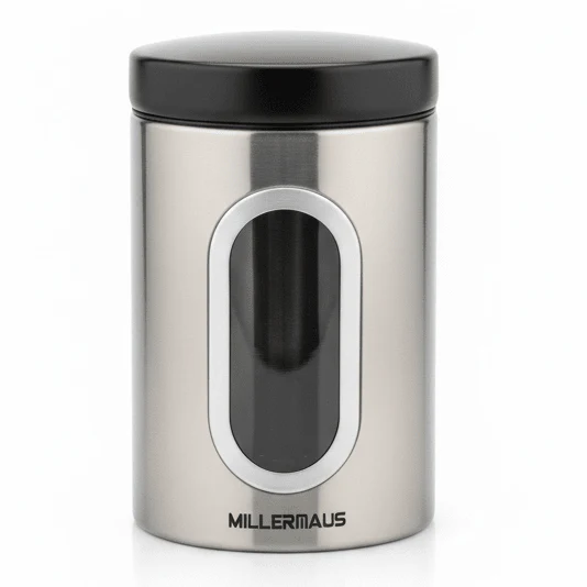 AKDC Elegant Stainless Steel Kitchen Storage Canister with Airtight Black Lid, Modern Countertop Design 1.1L