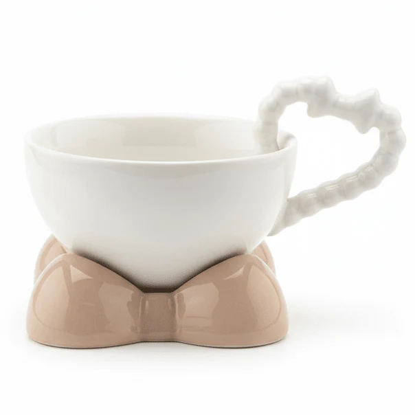 AKDC Elegant White Ceramic Mug with Beige Saucer & Comfortable Grip Handle 250ml