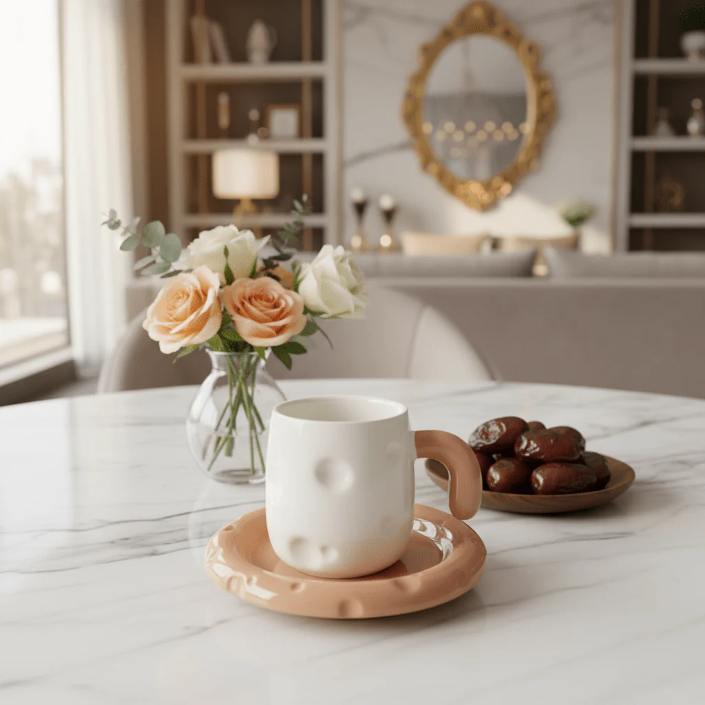 AKDC Elegant White Ceramic Mug with Peach Color Handle & Matching Saucer Set 250ml - Image 2