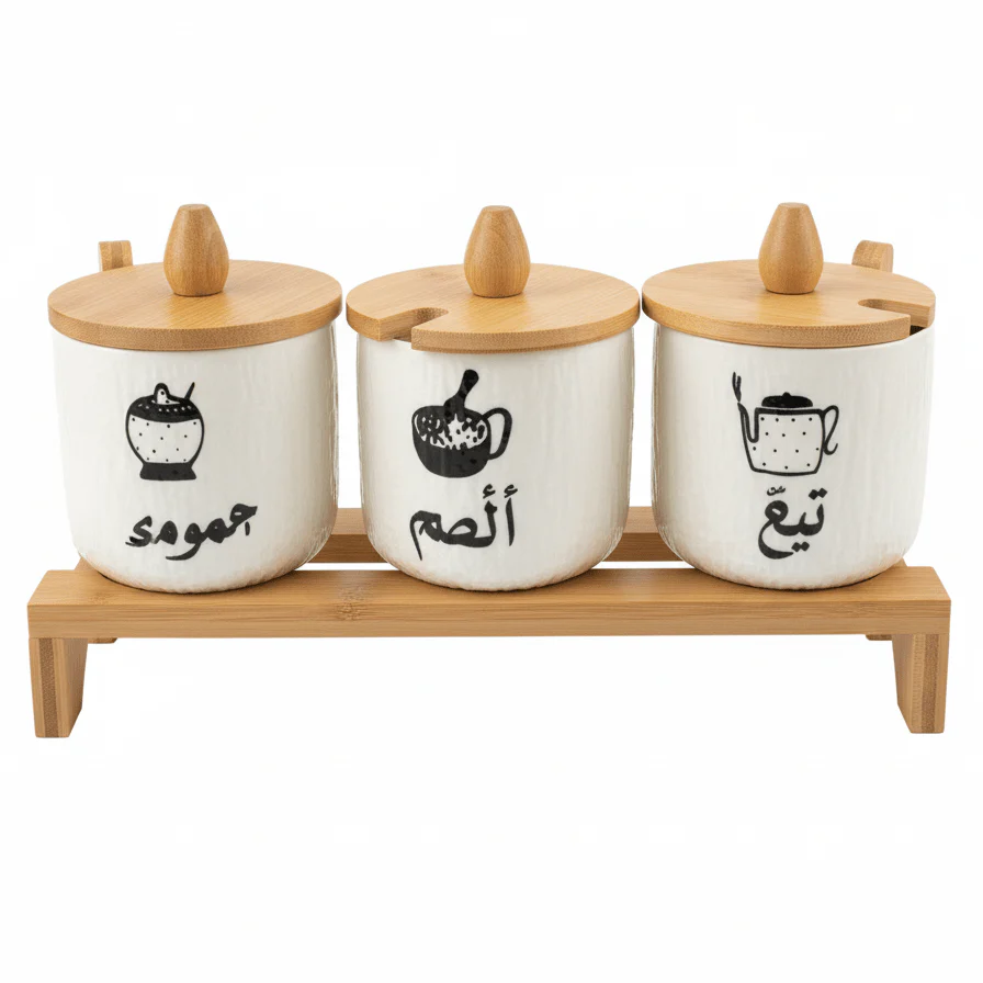 AKDC EliteStore 3-Piece White Ceramic Canister Set with Elegant Wooden Base & Lid Premium Organizer 30×10cm