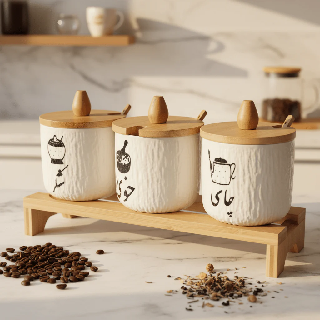 AKDC EliteStore 3-Piece White Ceramic Canister Set with Elegant Wooden Base & Lid Premium Organizer 30×10cm - Image 2