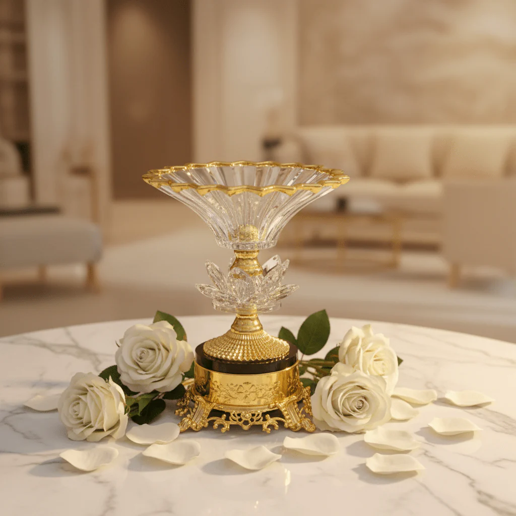 AKDC Gold Base Footed Glass Fruit Bowl – Decorative Serving Bowl for Fruits & Center Table Display – 20×15 cm - Image 2