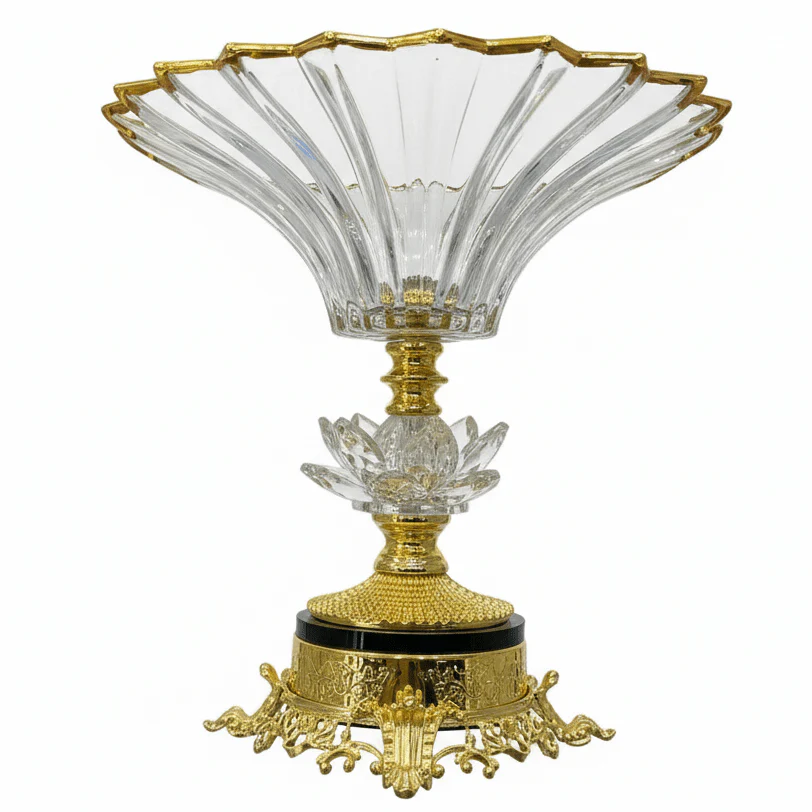 AKDC Gold Base Footed Glass Fruit Bowl – Premium Elevated Fruit Bowl for Dining Table Décor – 25×15 cm