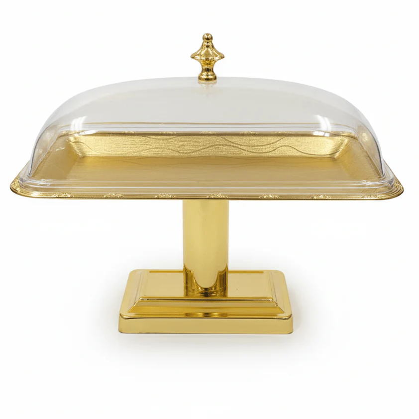 AKDC Gold Metal Footed Candy Tray with Clear Acrylic Lid for Premium Food Presentation – 18×15 cm