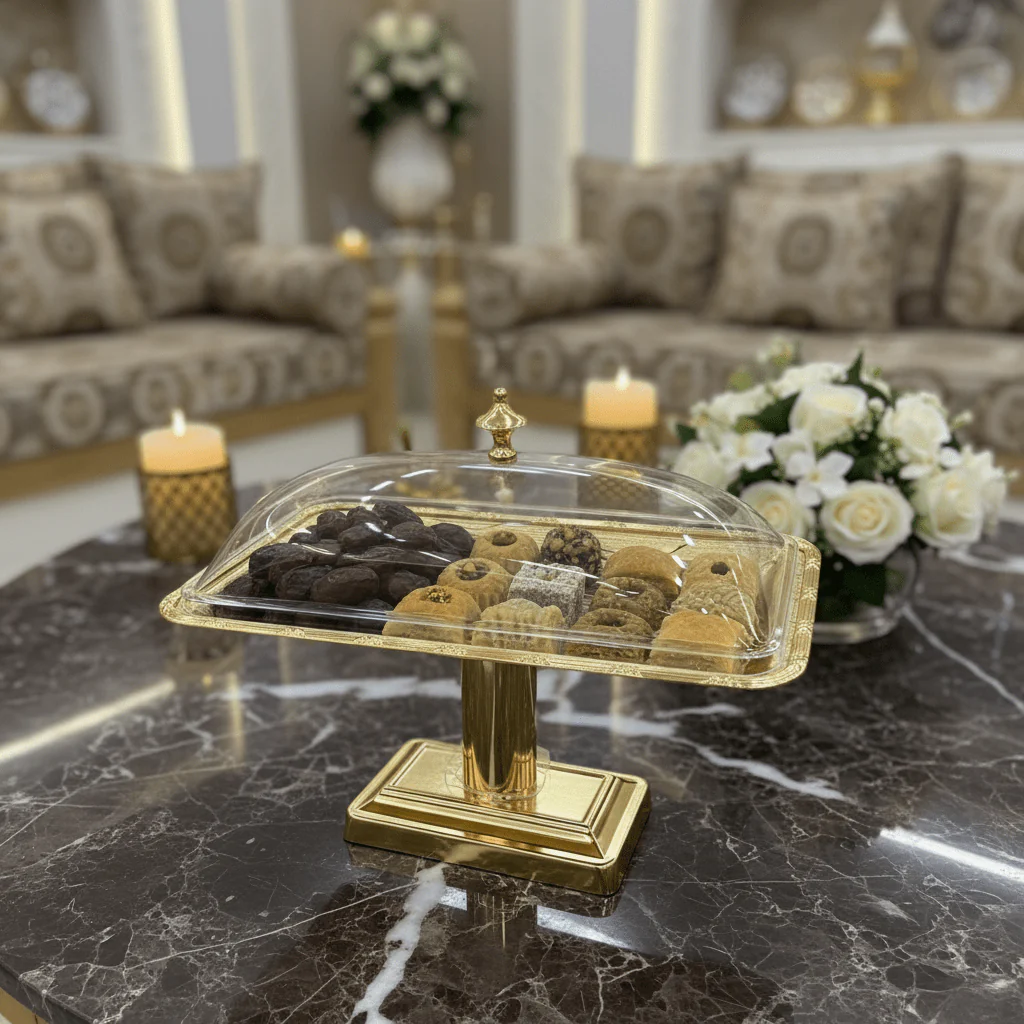 AKDC Gold Metal Footed Candy Tray with Clear Acrylic Lid for Premium Food Presentation – 18×15 cm - Image 2