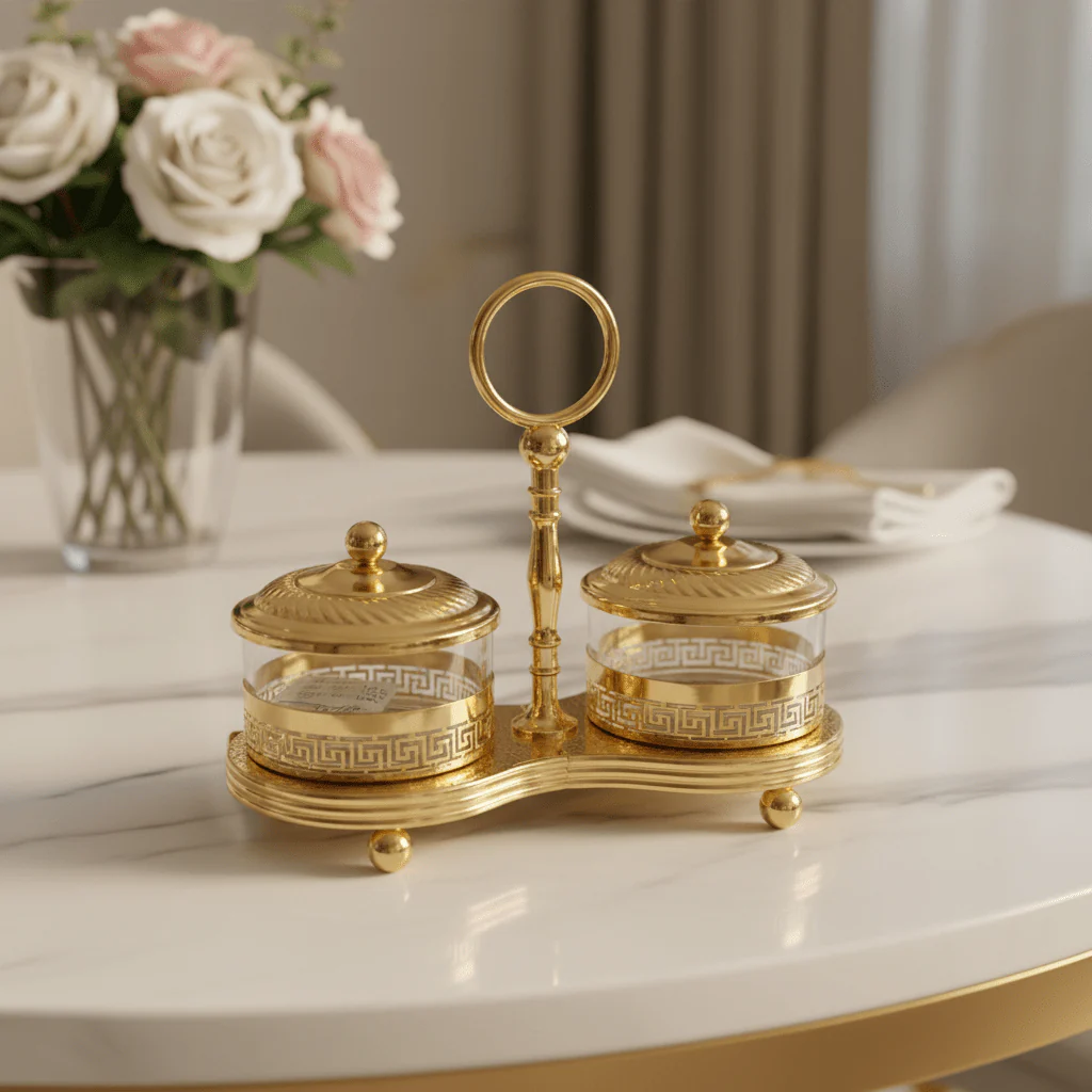 AKDC Royal Gold Candy Pot Set | Ornate 2-Piece Glass & Metal Confectionery Jars | 20×15 cm - Image 2