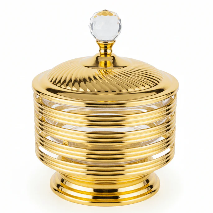 AKDC Austrian Crystal Gold Candy Pot with Lid | Ribbed Glass & Metal | 18×14cm