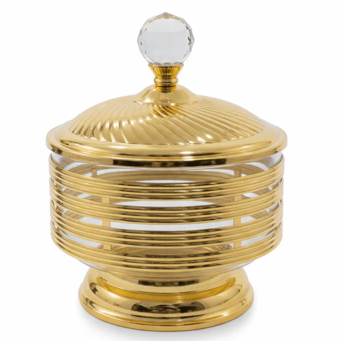 AKDC Imperial Gold Candy Pot | Ribbed Metal & Crystal Glass Jar with Lid | 25×18cm