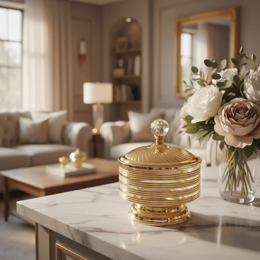 AKDC Imperial Gold Candy Pot | Ribbed Metal & Crystal Glass Jar with Lid | 25×18cm - Image 2