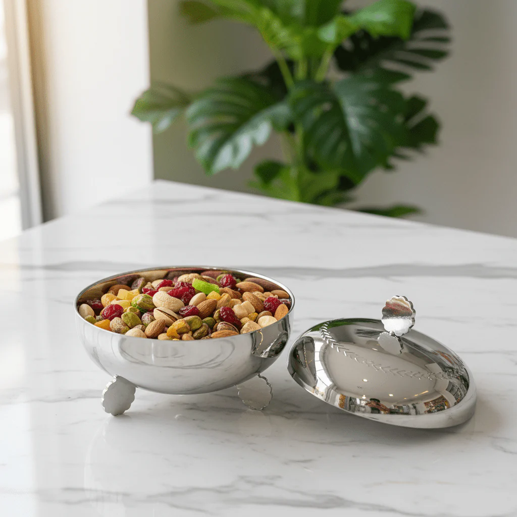 AKDC Large Capacity Stainless Steel Dates Bowl with Lid for Home & Hospitality Use β 15.5 cm - Image 2