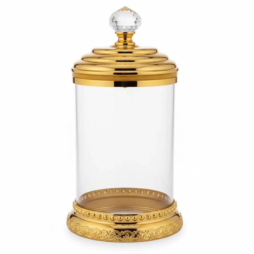 AKDC Large Glass Sugar Jar with Gold Lid & Stand – Elegant Kitchen & Table Storage Solution – 30x12 cm
