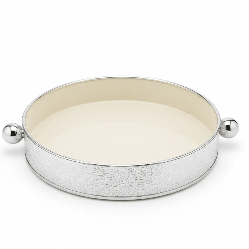 AKDC Large Luxury Silver & Cream Round Candy Pot – Decorative Metal Serving Bowl for Dates Chocolates & Snacks – Perfect Table Display Piece – 26 cm