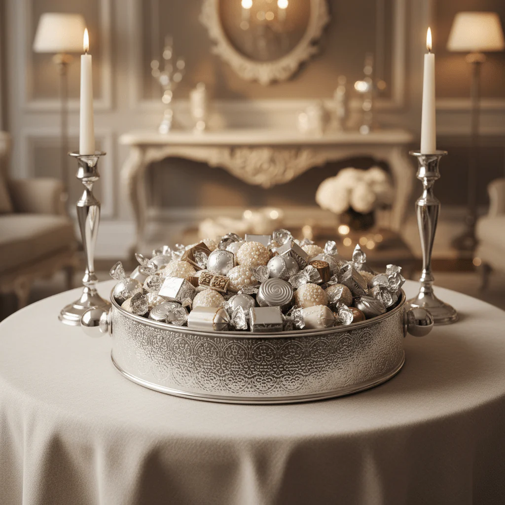 AKDC Large Luxury Silver & Cream Round Candy Pot – Decorative Metal Serving Bowl for Dates Chocolates & Snacks – Perfect Table Display Piece – 26 cm - Image 2