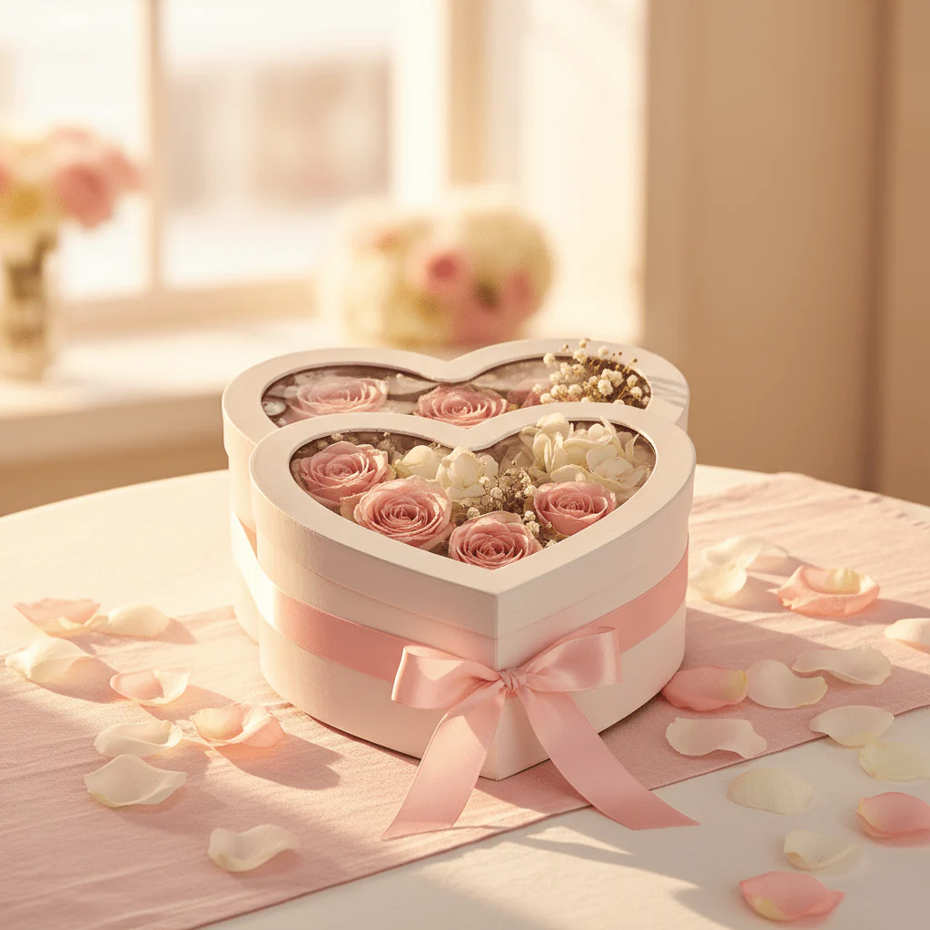 AKDC Light Pink Double Heart Cardboard Gift Box with Transparent Lid for Wedding Gifts, Baby Shower Presents & Romantic Packaging – 32×22×10 cm - Image 2