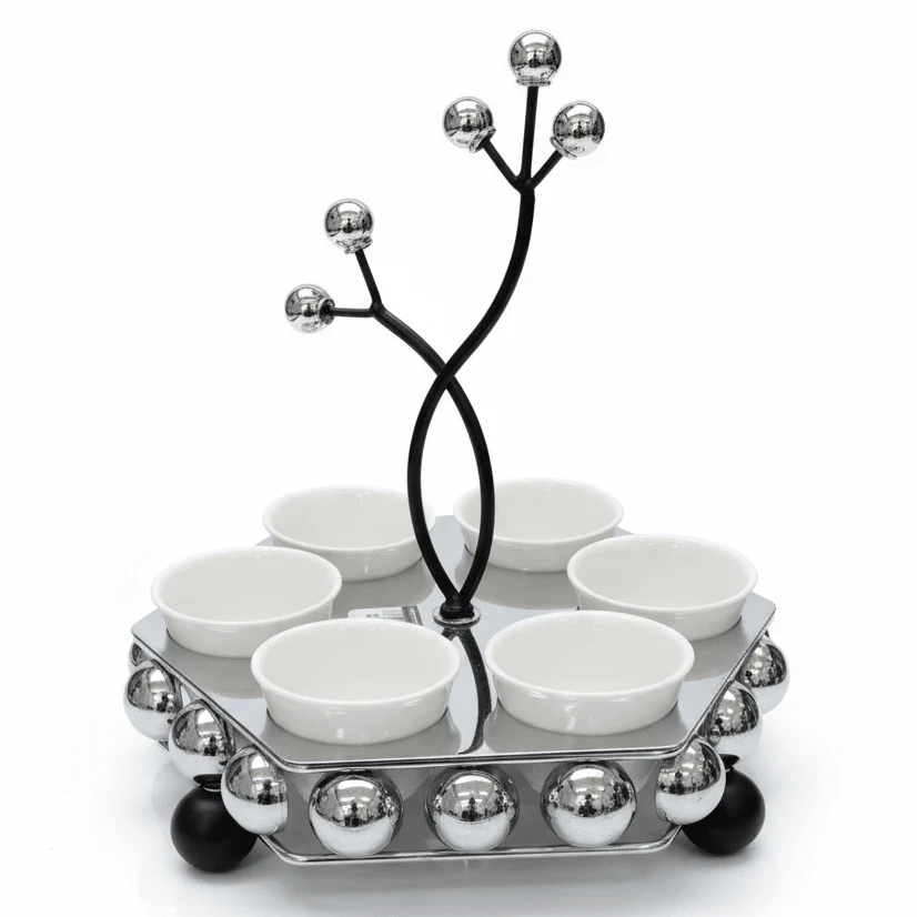 AKDC LuxeCawa Compact 6-Piece Ceramic Arabic Coffee Cup Set with Elegant Silver Holder 20cm