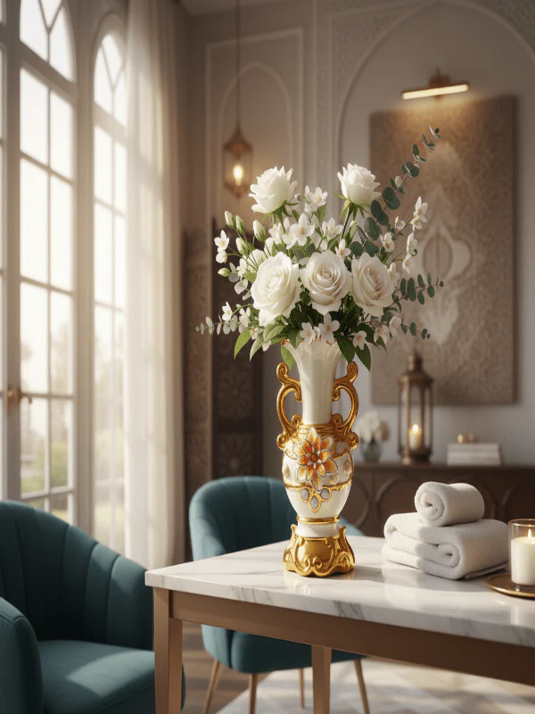 AKDC Luxury Ceramic Flower Vase – Elegant White with Gold Finish and Floral Embellishment, 25.5 cm - Image 3