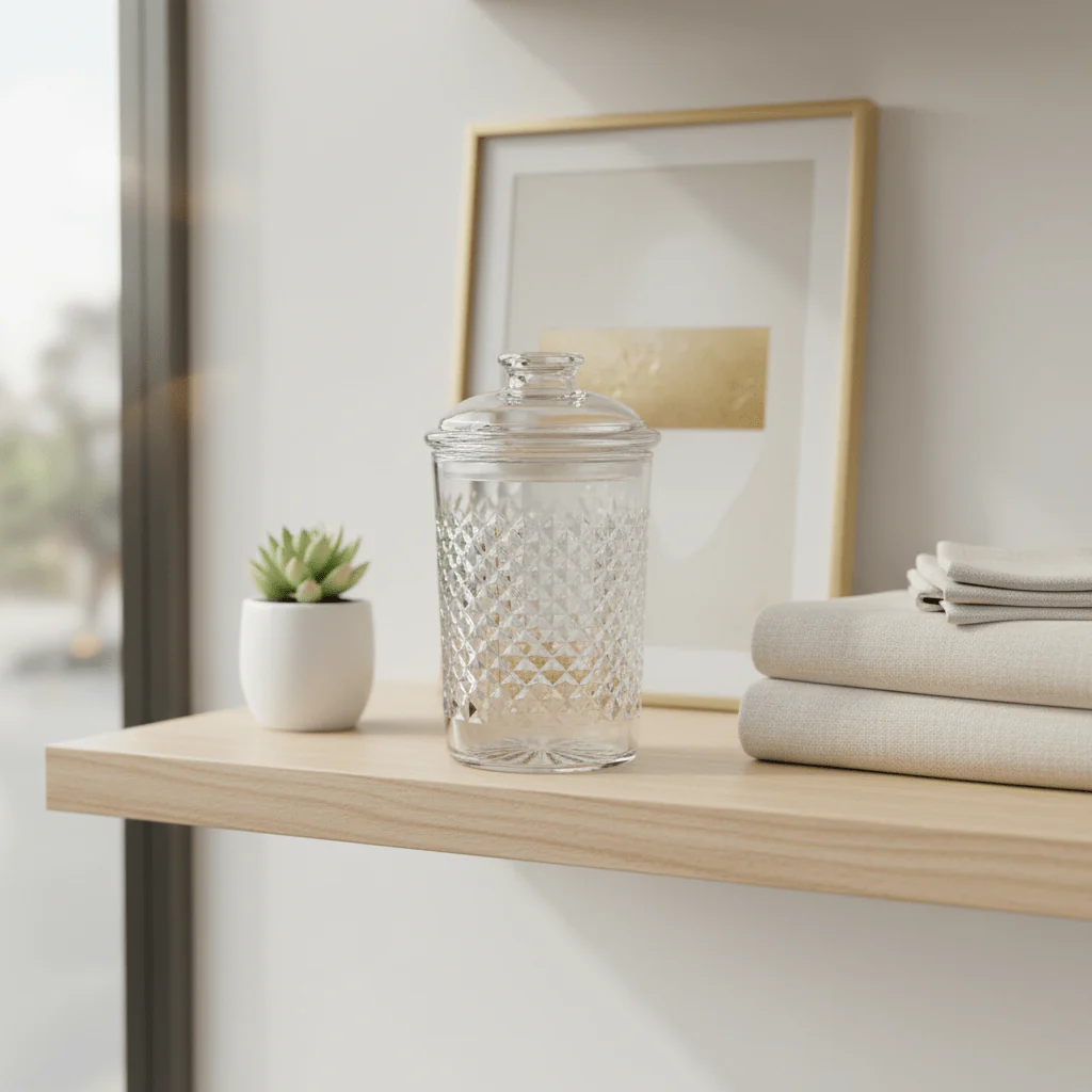 AKDC Luxury Diamond-Pattern Round Airtight Acrylic Storage Canister – Transparent Decorative Jar with Lid, 1200 ml - Image 2