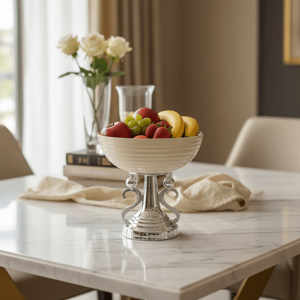 AKDC Luxury Silver & Cream Footed Round Candy Bowl – Premium Raised Metal Serving Dish for Dates Chocolates & Snacks – Elegant Centerpiece Design – 30x18 cm - Image 3
