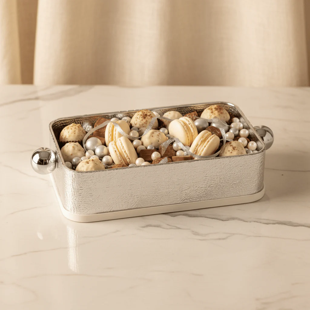 AKDC Luxury Silver & Cream Rectangular Metal Candy Serving Pot – Elegant Decorative Storage Container for Sweets Dates & Chocolates – Premium Table Centerpiece – 21x16 cm - Image 2