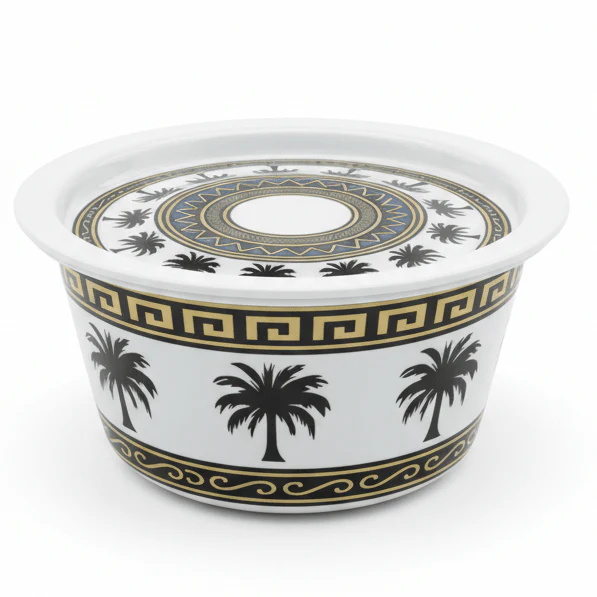 AKDC Melamine Bowl with Lid – Palm Tree Pattern, Strong & Lightweight Food Storage and Serving Bowl (16 × 8.5 cm)