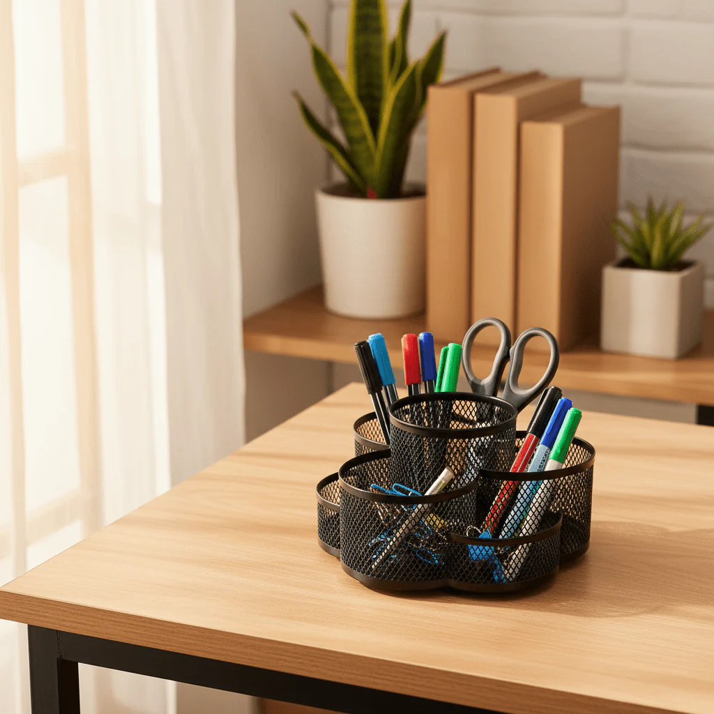 AKDC Metal Mesh Pen Holder & Desk Organiser – Black | 5-Compartment | 10.5 cm - Image 2