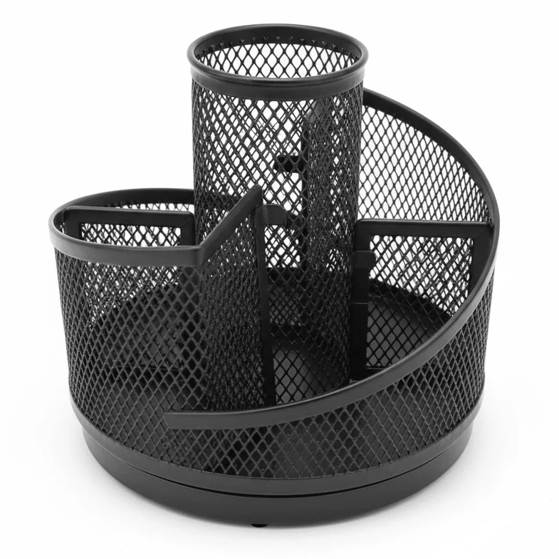 AKDC Metal Mesh Rotating Desk Organiser – Black | Multi-Compartment Pen & Stationery Holder | 13.5×12 cm