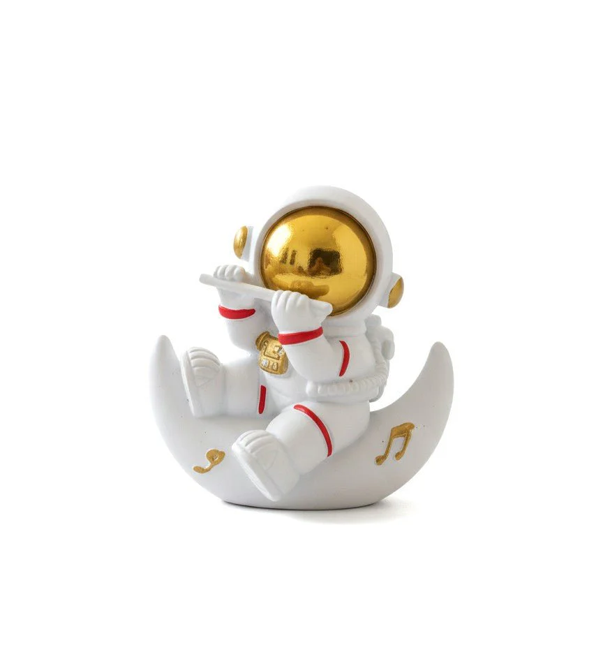 AKDC Mini Ceramic Astronaut Playing Flute Figurine – White Music Lover Space Décor 5 cm