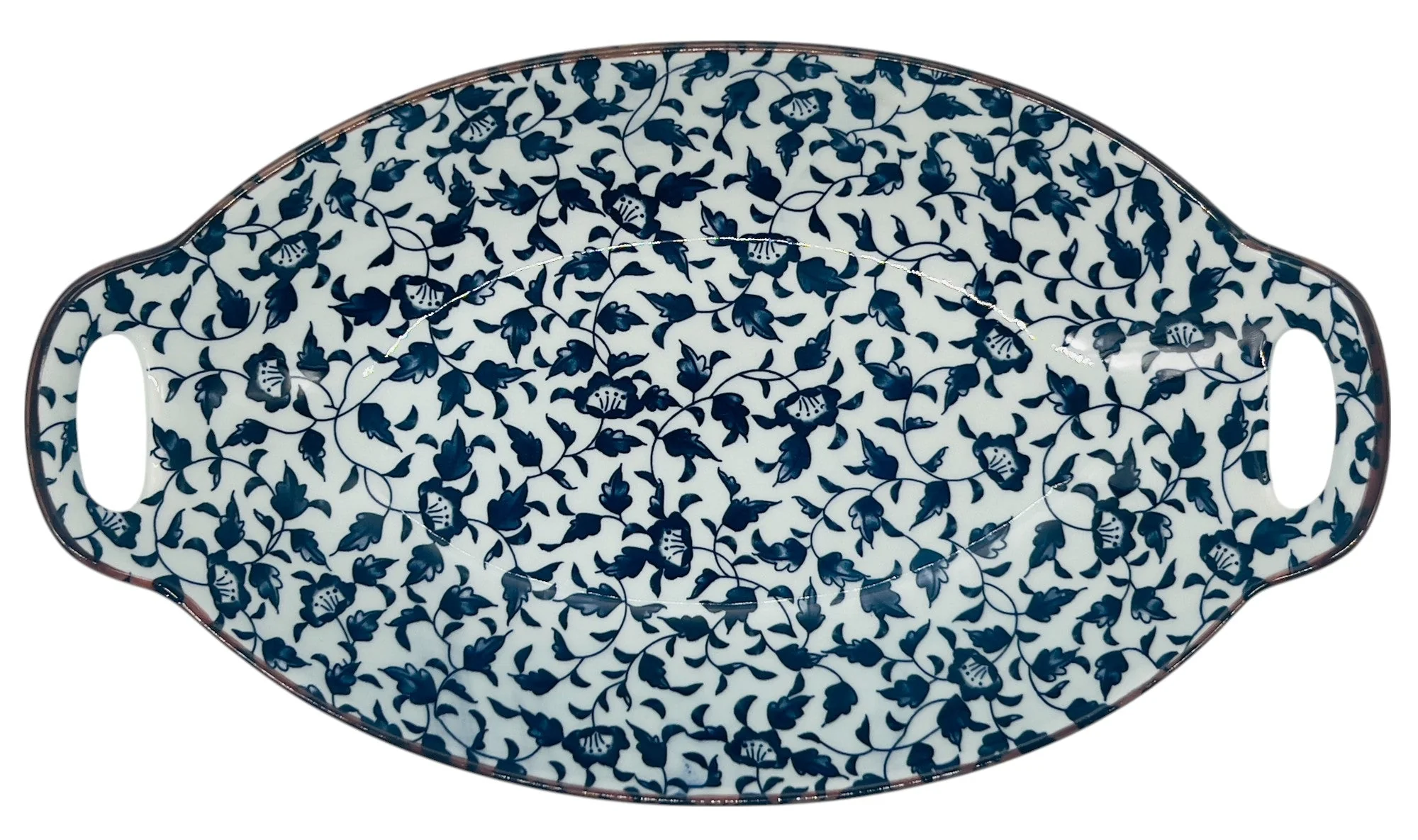 AKDC Oval Ceramic Bowl with Handle 26.5cm*15.5cm*5.5cm, White and Blue Floral Designs - Image 2