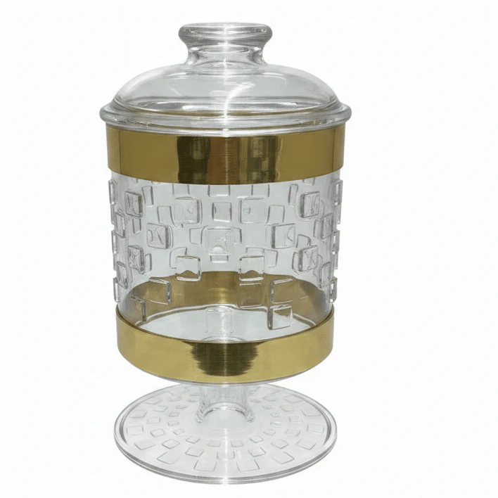 AKDC Premium Acrylic Footed Storage Canister with Decorative Gold Design and Secure Lid Clear Finish 15 × 11 cm