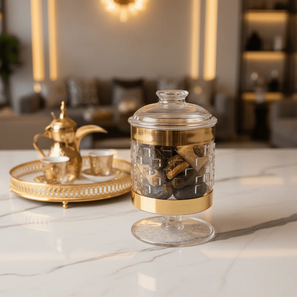 AKDC Premium Acrylic Footed Storage Canister with Decorative Gold Design and Secure Lid Clear Finish 15 × 11 cm - Image 2