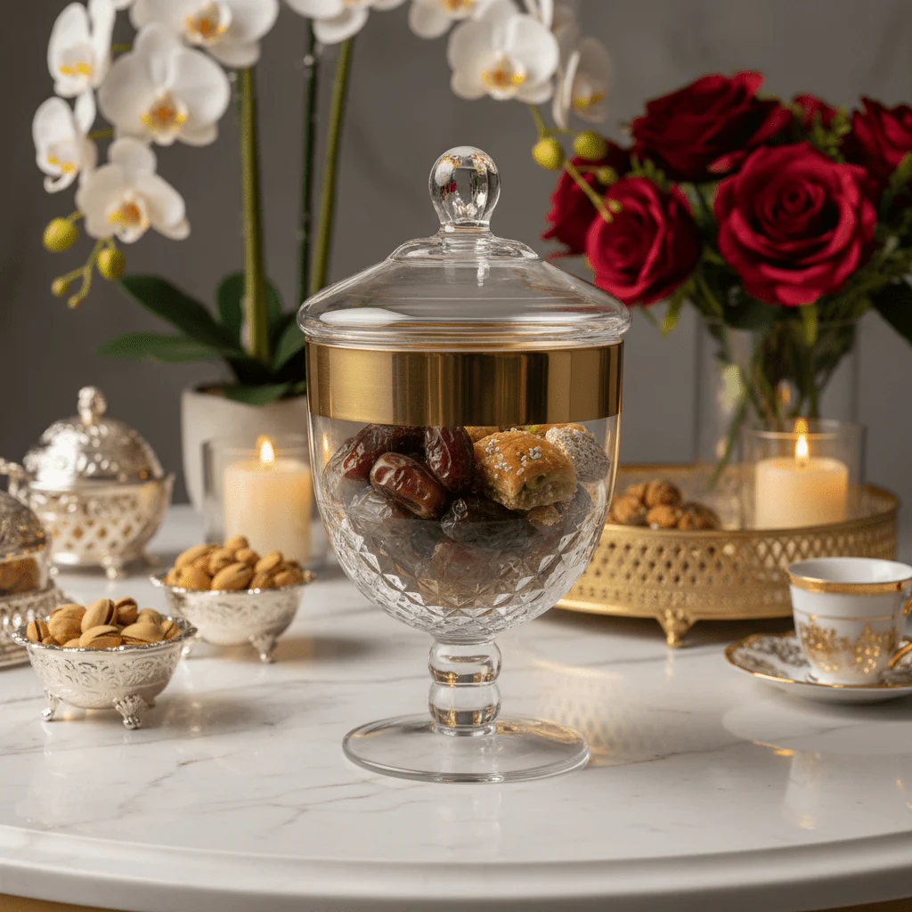AKDC Premium Acrylic Footed Storage Canister with Decorative Gold Design and Secure Lid Clear Finish 18 × 13 cm - Image 2