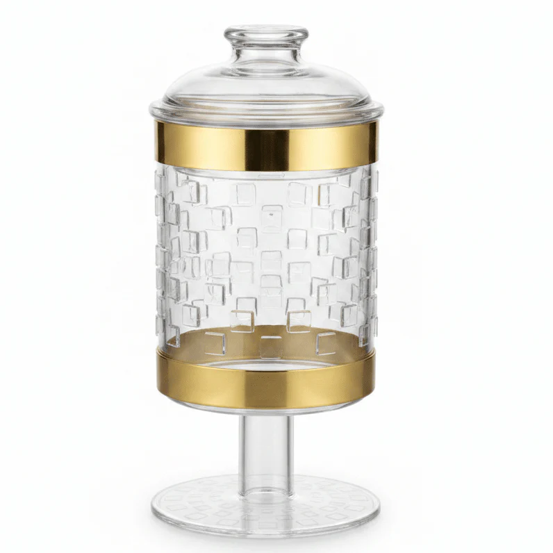 AKDC Premium Acrylic Footed Storage Canister with Decorative Gold Design and Secure Lid Clear Finish 19 × 11 cm