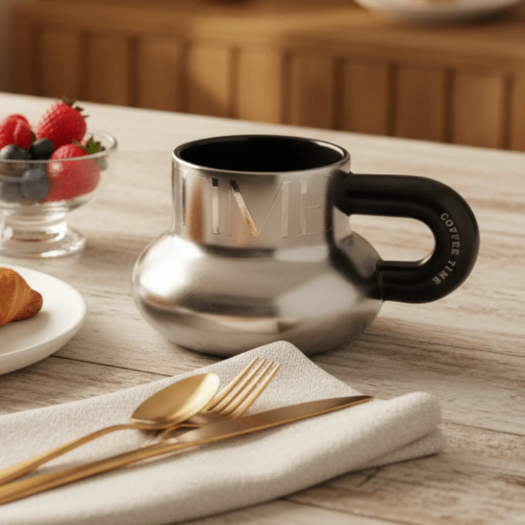 AKDC Premium Ceramic Coffee Mug 400 ml – Elegant Silver and Black Finish with Coffee Time Text, Large Capacity Mug for Tea, Coffee and Hot Beverages - Image 2