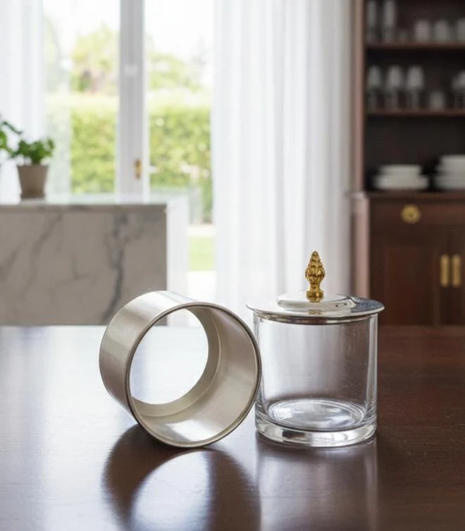 AKDC Premium Glass Sugar Pot with Silver Metal Lid and Gold Finish – Elegant Storage Jar for Sugar, Coffee, or Spices – Modern Kitchen Countertop Decor 10x10 cm - Image 3