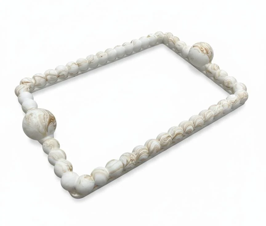 AKDC Premium Rectangular Glass Serving Tray – Elegant White Plaster of Paris Design with Luxury Gold Border (35 × 25 cm)