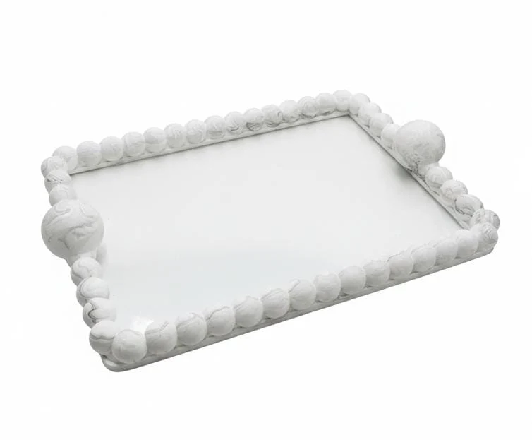AKDC Premium Rectangular Glass Serving Tray – Elegant White Plaster of Paris Design with Luxury Silver Border (35 × 25 cm)