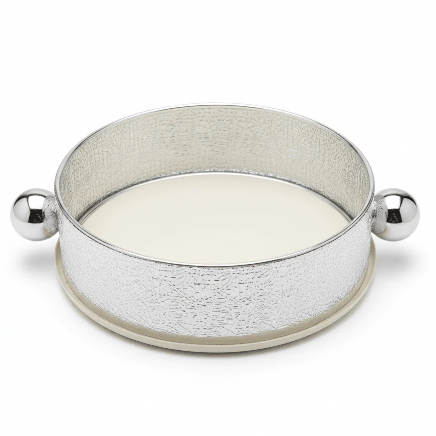 AKDC Premium Silver & Cream Round Metal Candy Pot – Stylish Decorative Bowl for Serving Candies Nuts & Dry Fruits – Elegant Home & Hospitality Use – 20 cm