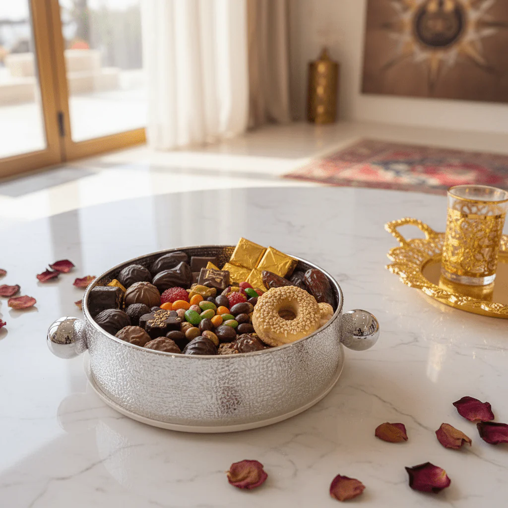 AKDC Premium Silver & Cream Round Metal Candy Pot – Stylish Decorative Bowl for Serving Candies Nuts & Dry Fruits – Elegant Home & Hospitality Use – 20 cm - Image 2