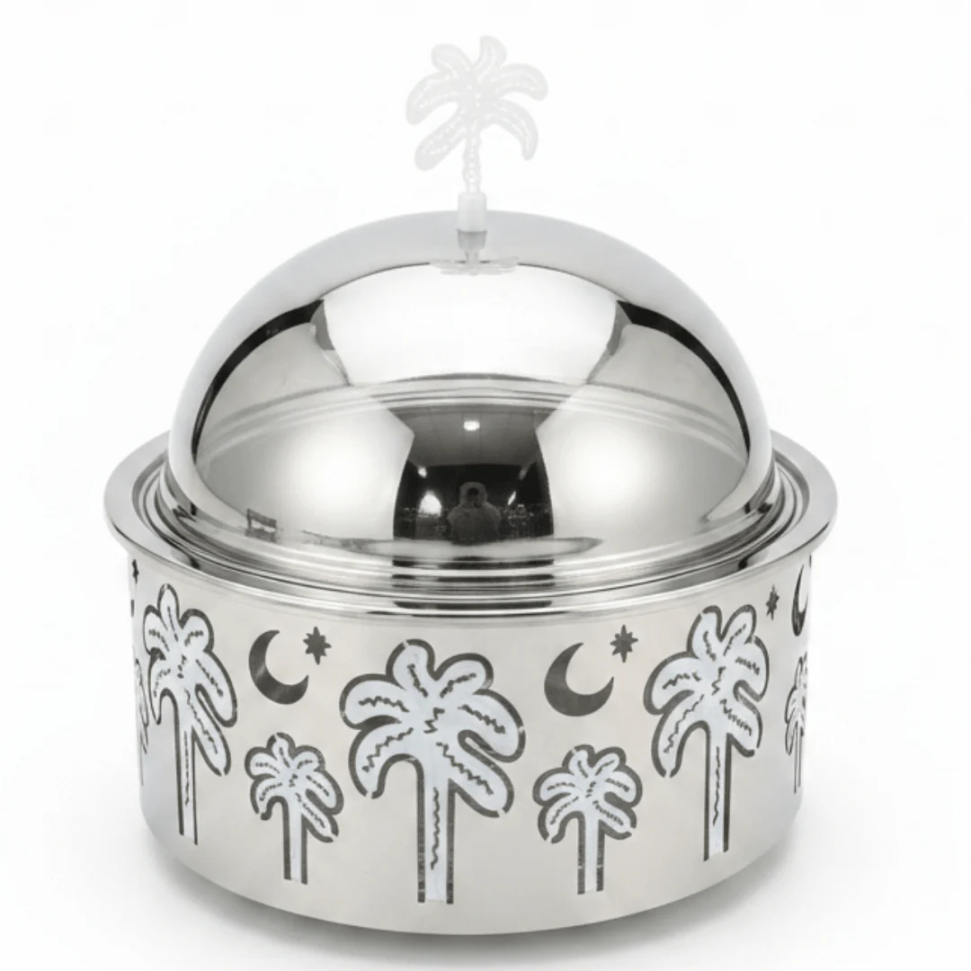 AKDC Premium Stainless Steel Food Server with Dome Lid & Palm Tree Design Base – Elegant Covered Serving Dish – 23 × 10 cm